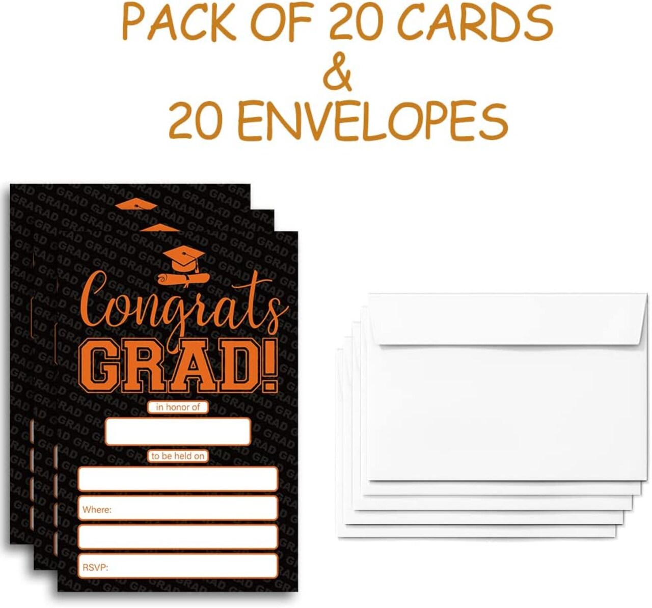 20 Cards with Envelopes, graduation party invitations 2025, 2025 College, High School, University Grad Celebration.(027) (black+orange)